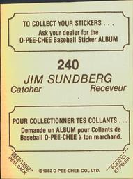 1982 O-Pee-Chee Stickers #240 Jim Sundberg Back