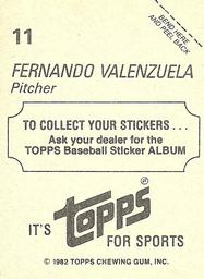 1982 Topps Stickers #11 Fernando Valenzuela Back
