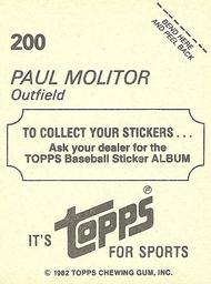 1982 Topps Stickers #200 Paul Molitor Back