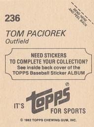1982 Topps Stickers #236 Tom Paciorek Back