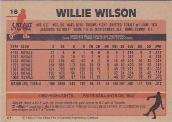 1983 O-Pee-Chee #16 Willie Wilson Back