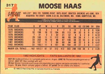 1983 O-Pee-Chee #317 Moose Haas Back
