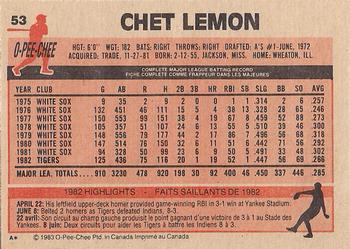 1983 O-Pee-Chee #53 Chet Lemon Back
