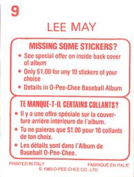 1983 O-Pee-Chee Stickers #9 Lee May Back