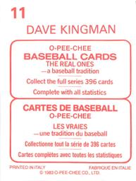 1983 O-Pee-Chee Stickers #11 Dave Kingman Back