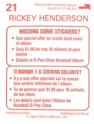 1983 O-Pee-Chee Stickers #21 Rickey Henderson Back