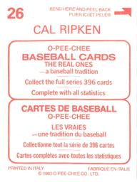 1983 O-Pee-Chee Stickers #26 Cal Ripken Back