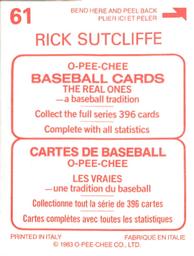 1983 O-Pee-Chee Stickers #61 Rick Sutcliffe Back
