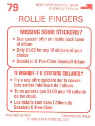 1983 O-Pee-Chee Stickers #79 Rollie Fingers Back