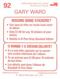 1983 O-Pee-Chee Stickers #92 Gary Ward Back