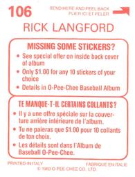 1983 O-Pee-Chee Stickers #106 Rick Langford Back