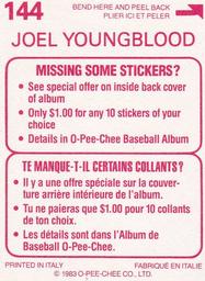 1983 O-Pee-Chee Stickers #144 Joel Youngblood Back