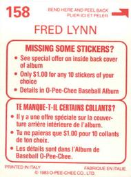 1983 O-Pee-Chee Stickers #158 Fred Lynn Back