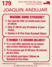 1983 O-Pee-Chee Stickers #179 Joaquin Andujar Back