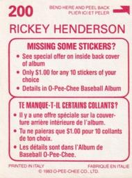 1983 O-Pee-Chee Stickers #200 Rickey Henderson Back