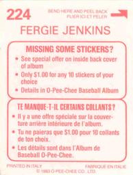 1983 O-Pee-Chee Stickers #224 Fergie Jenkins Back