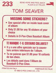 1983 O-Pee-Chee Stickers #233 Tom Seaver Back