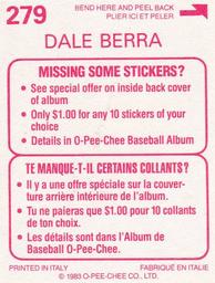 1983 O-Pee-Chee Stickers #279 Dale Berra Back