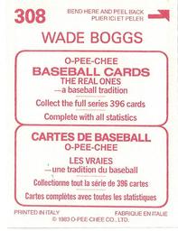 1983 O-Pee-Chee Stickers #308 Wade Boggs Back