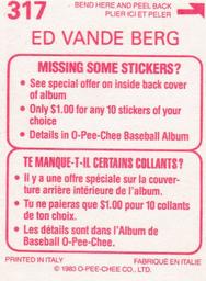 1983 O-Pee-Chee Stickers #317 Ed Vande Berg Back