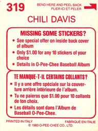 1983 O-Pee-Chee Stickers #319 Chili Davis Back