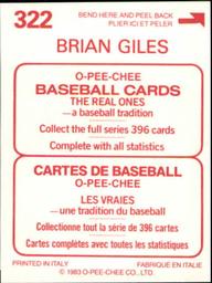 1983 O-Pee-Chee Stickers #322 Brian Giles Back