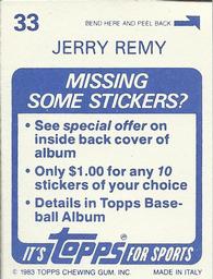 1983 Topps Stickers #33 Jerry Remy Back