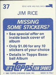 1983 Topps Stickers #37 Jim Rice Back