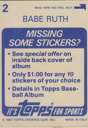 1983 Topps Stickers #2 Babe Ruth Back