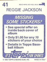 1983 Topps Stickers #41 Reggie Jackson Back