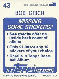 1983 Topps Stickers #43 Bob Grich Back