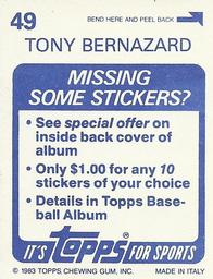 1983 Topps Stickers #49 Tony Bernazard Back