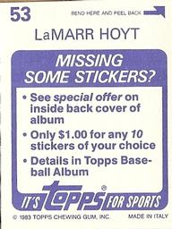 1983 Topps Stickers #53 LaMarr Hoyt Back