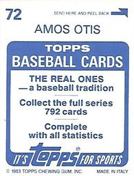1983 Topps Stickers #72 Amos Otis Back