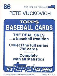 1983 Topps Stickers #86 Pete Vuckovich Back