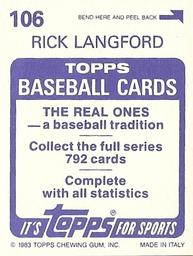 1983 Topps Stickers #106 Rick Langford Back