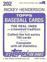 1983 Topps Stickers #202 Rickey Henderson Back