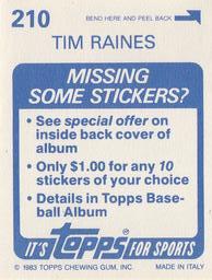1983 Topps Stickers #210 Tim Raines Back