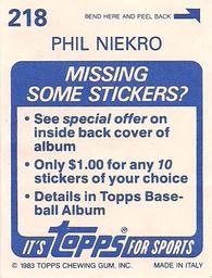 1983 Topps Stickers #218 Phil Niekro Back