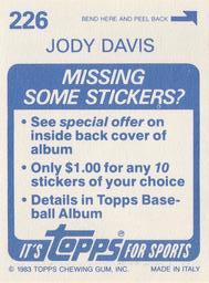 1983 Topps Stickers #226 Jody Davis Back