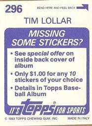 1983 Topps Stickers #296 Tim Lollar Back