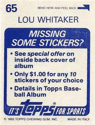 1983 Topps Stickers #65 Lou Whitaker Back