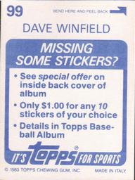 1983 Topps Stickers #99 Dave Winfield Back