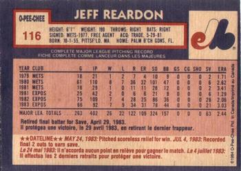 1984 O-Pee-Chee #116 Jeff Reardon Back