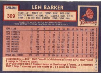 1984 O-Pee-Chee #309 Len Barker Back