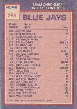 1984 O-Pee-Chee #289 Blue Jays Leaders / Checklist (Lloyd Moseby / Dave Stieb) Back