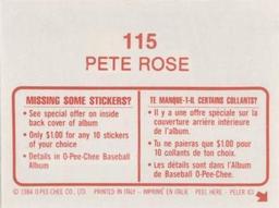 1984 O-Pee-Chee Stickers #115 Pete Rose Back