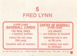 1984 O-Pee-Chee Stickers #5 Fred Lynn Back