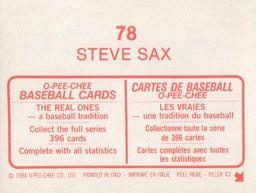 1984 O-Pee-Chee Stickers #78 Steve Sax Back