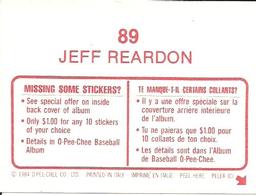 1984 O-Pee-Chee Stickers #89 Jeff Reardon Back